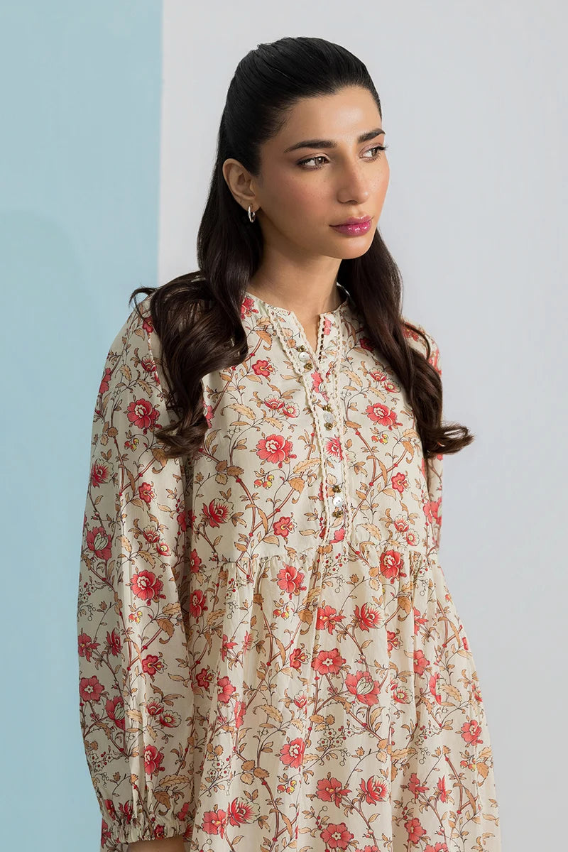 Women's Cream Rust Floral Print Slub Lawn Maxi Tunic | Tiered Silhouette | Button Placket