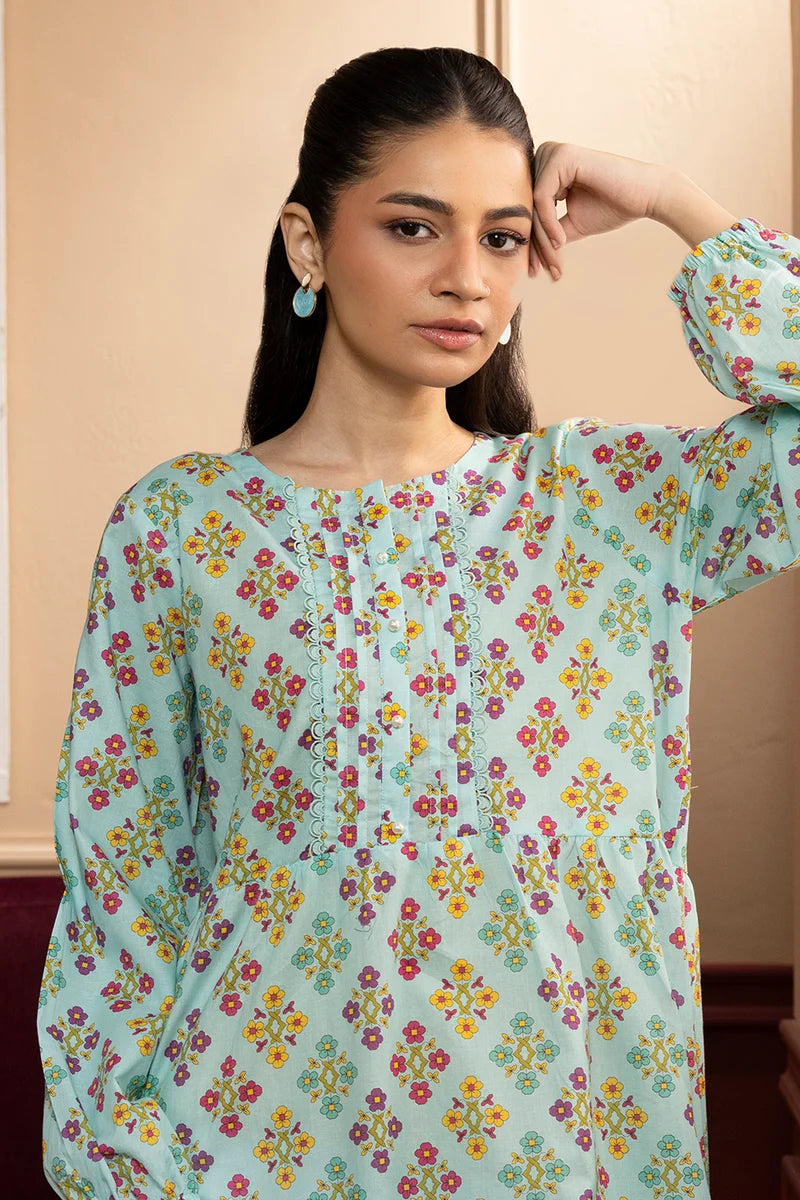 Women's Mint Aqua Floral Diamond Print Cambric Maxi Tunic | Round Neck | Tiered Hem