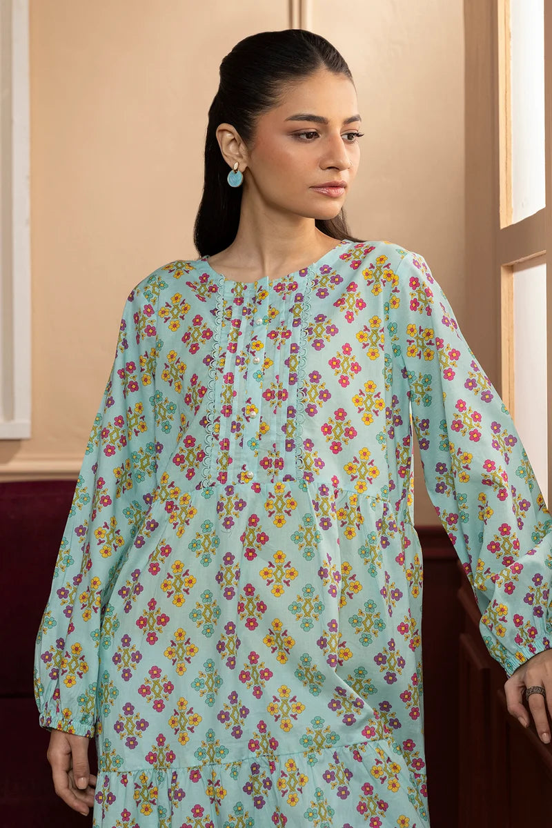 Women's Mint Aqua Floral Diamond Print Cambric Maxi Tunic | Round Neck | Tiered Hem
