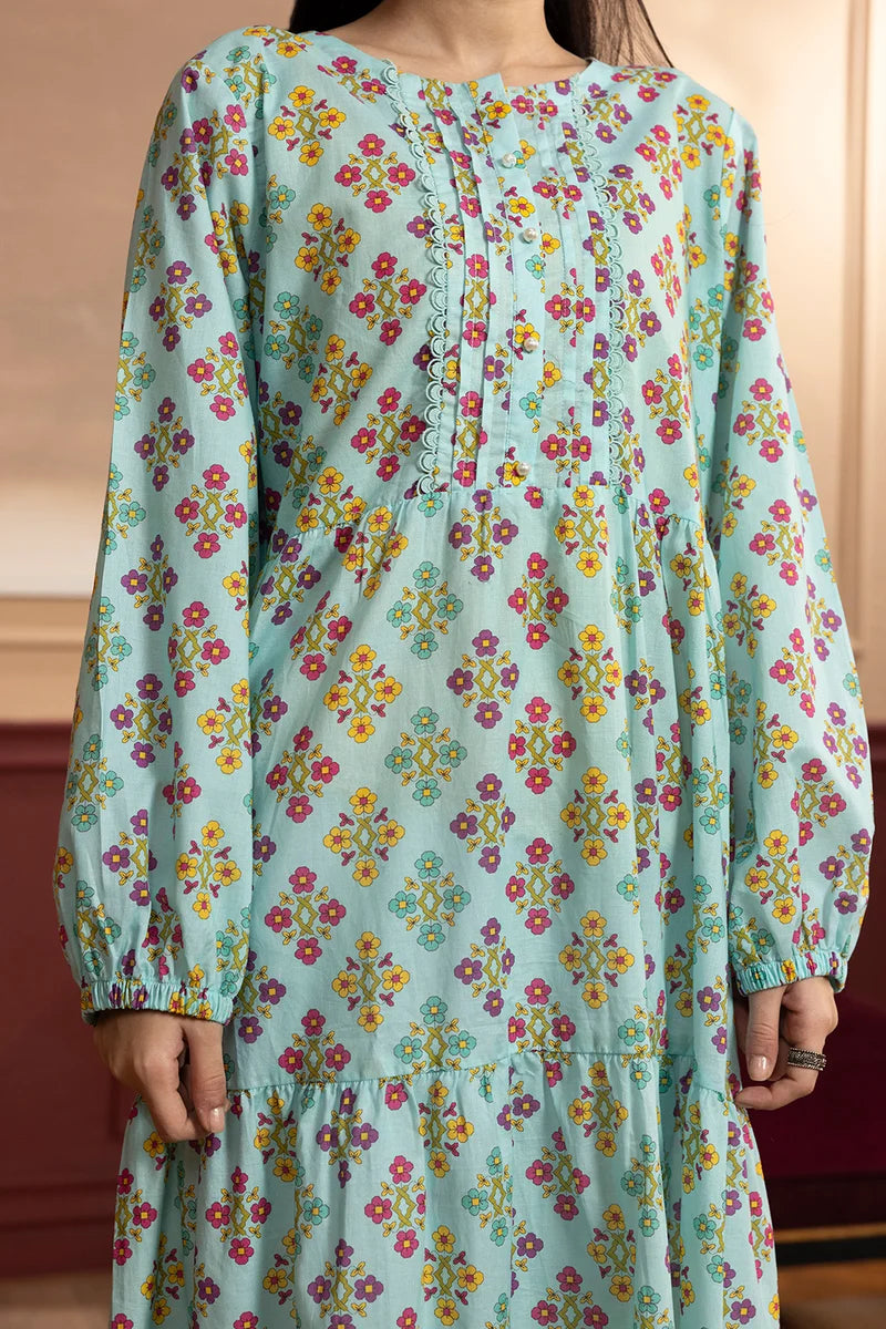 Women's Mint Aqua Floral Diamond Print Cambric Maxi Tunic | Round Neck | Tiered Hem