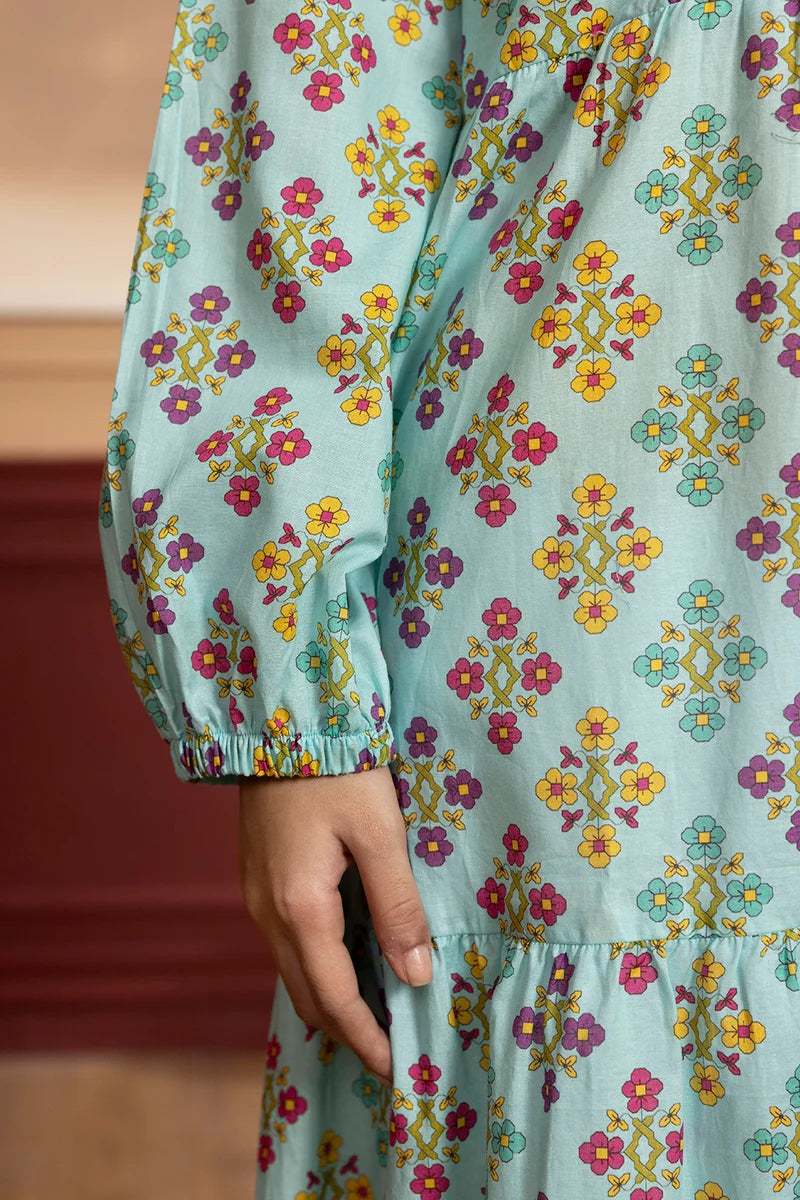 Women's Mint Aqua Floral Diamond Print Cambric Maxi Tunic | Round Neck | Tiered Hem