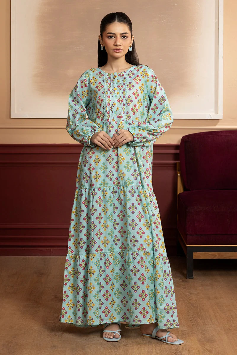 Women's Mint Aqua Floral Diamond Print Cambric Maxi Tunic | Round Neck | Tiered Hem