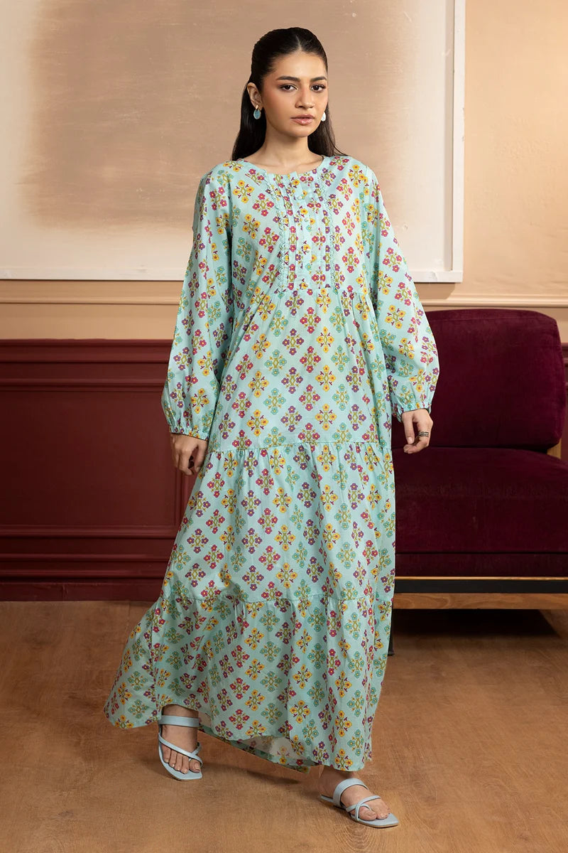 Women's Mint Aqua Floral Diamond Print Cambric Maxi Tunic | Round Neck | Tiered Hem