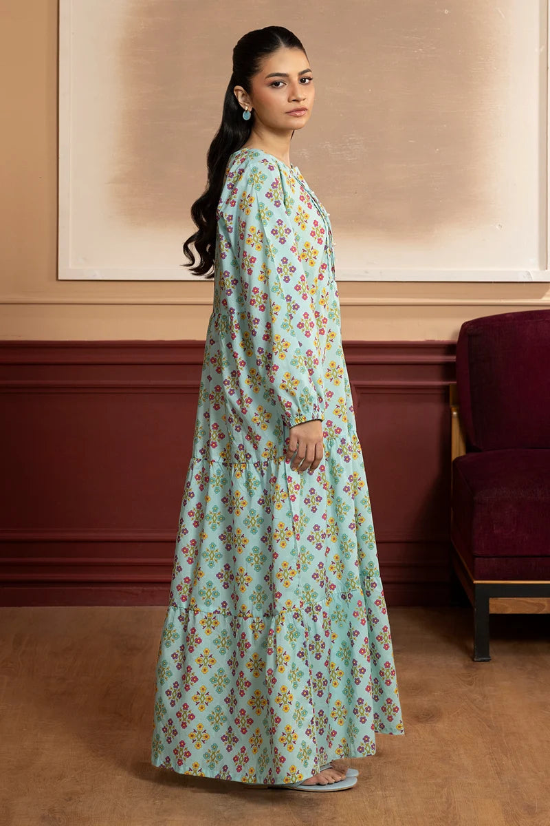 Women's Mint Aqua Floral Diamond Print Cambric Maxi Tunic | Round Neck | Tiered Hem