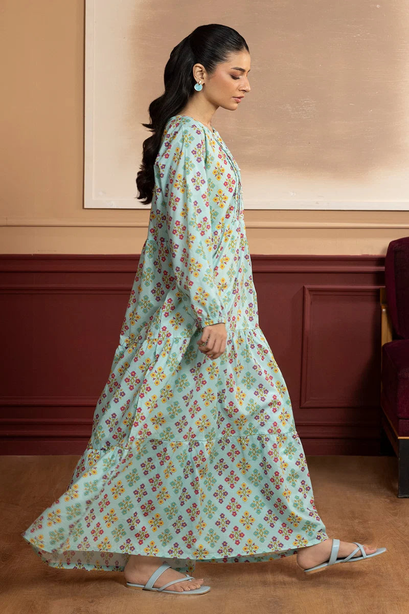 Women's Mint Aqua Floral Diamond Print Cambric Maxi Tunic | Round Neck | Tiered Hem
