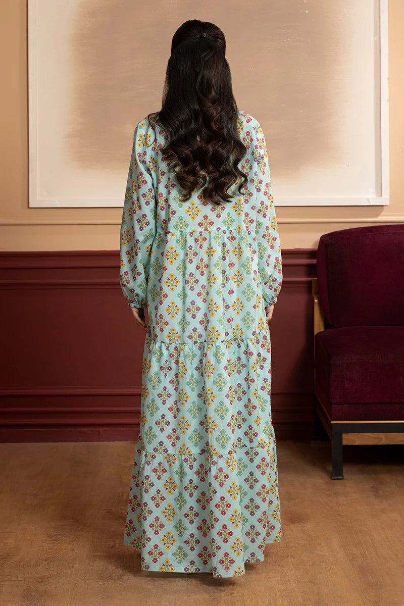 Women's Mint Aqua Floral Diamond Print Cambric Maxi Tunic | Round Neck | Tiered Hem