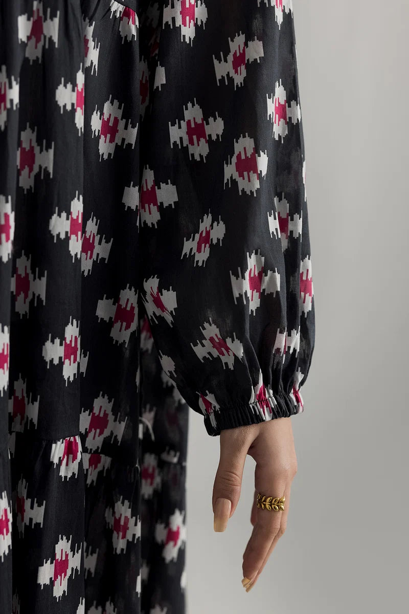 Women's Black Pink Ikat Print Cambric Maxi Tunic | Tiered Hem | Long Sleeve