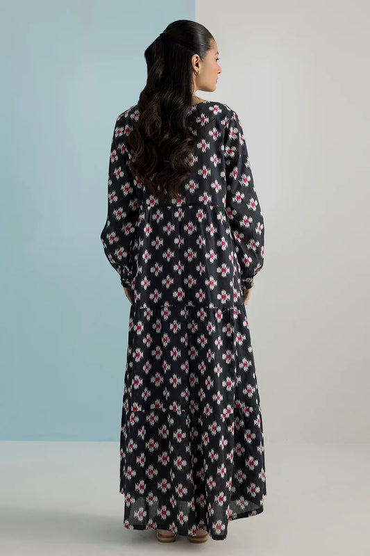 Women's Black Pink Ikat Print Cambric Maxi Tunic | Tiered Hem | Long Sleeve