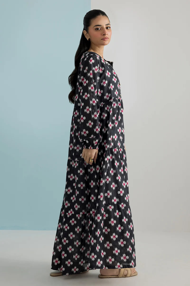Women's Black Pink Ikat Print Cambric Maxi Tunic | Tiered Hem | Long Sleeve