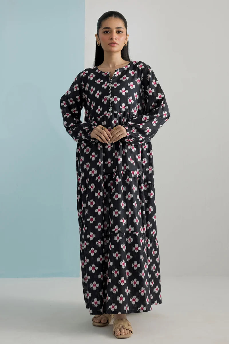 Women's Black Pink Ikat Print Cambric Maxi Tunic | Tiered Hem | Long Sleeve