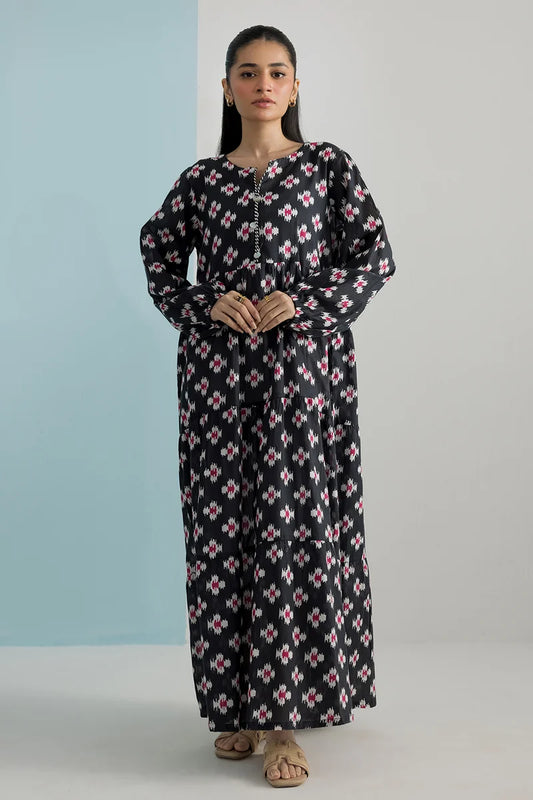 Women's Black Pink Ikat Print Cambric Maxi Tunic | Tiered Hem | Long Sleeve