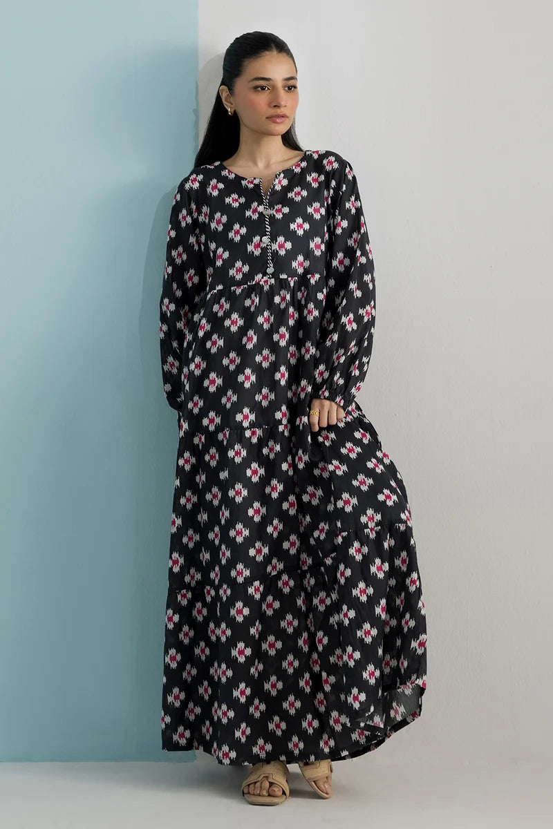 Women's Black Pink Ikat Print Cambric Maxi Tunic | Tiered Hem | Long Sleeve