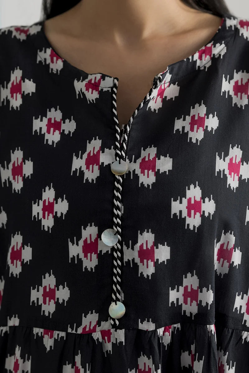 Women's Black Pink Ikat Print Cambric Maxi Tunic | Tiered Hem | Long Sleeve