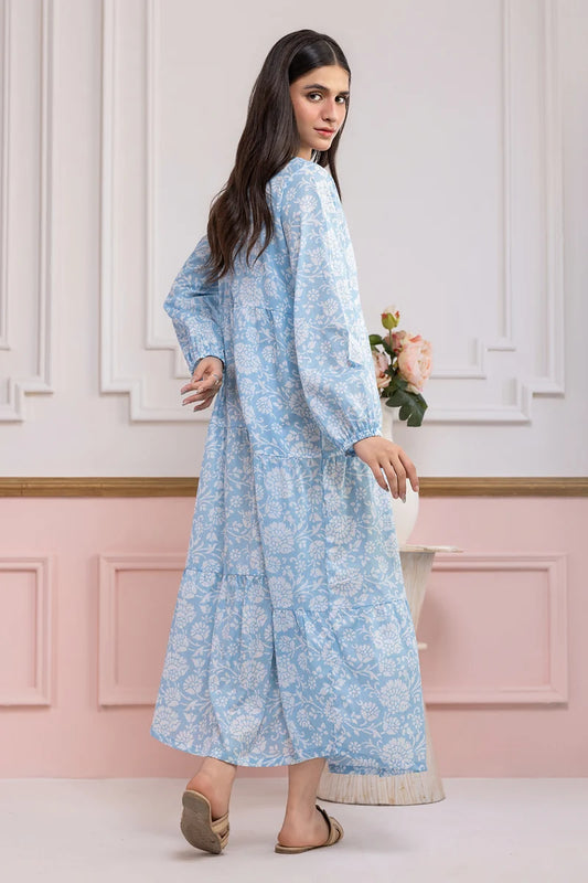 Women's Light Blue Floral Print Slub Lawn Maxi Tunic | Round Collar | Tiered Hem