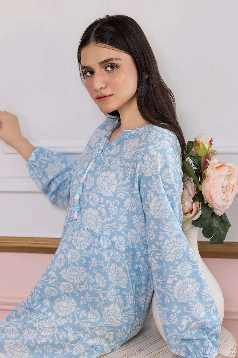 Women's Light Blue Floral Print Slub Lawn Maxi Tunic | Round Collar | Tiered Hem