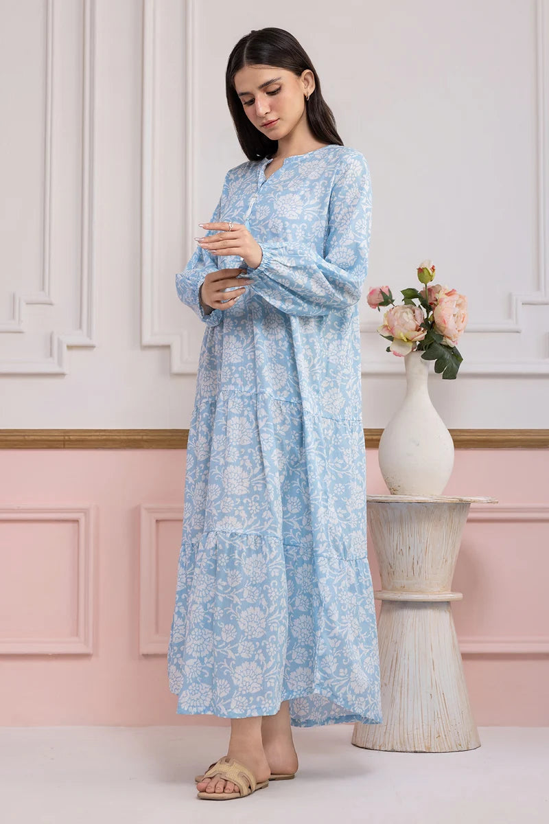 Women's Light Blue Floral Print Slub Lawn Maxi Tunic | Round Collar | Tiered Hem