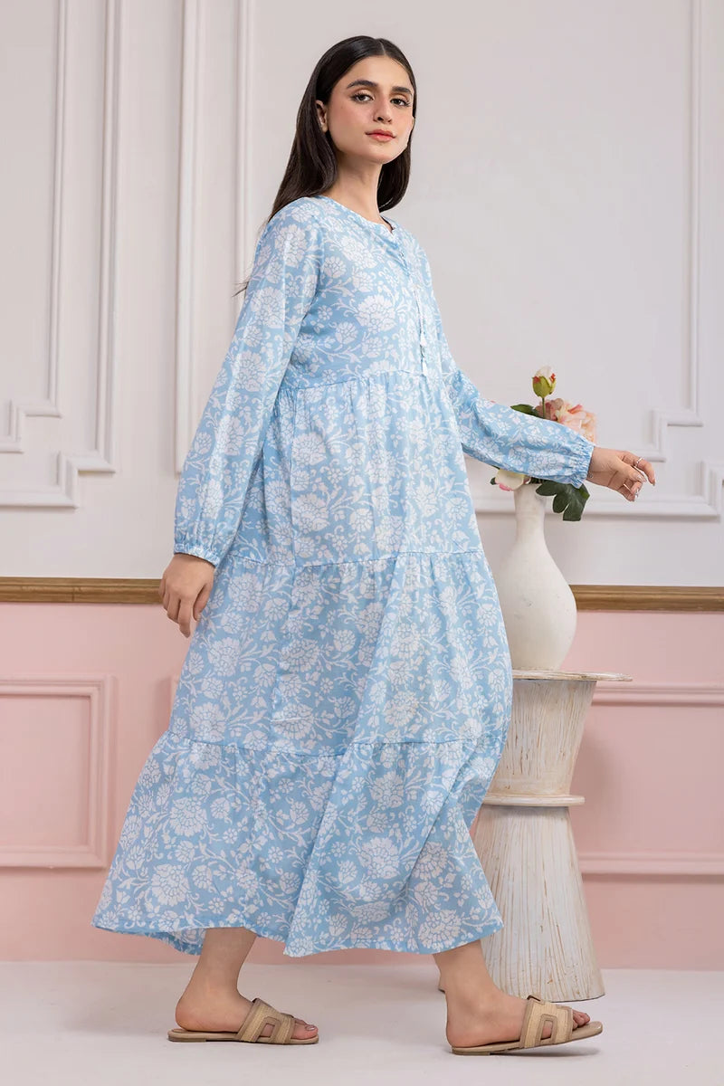 Women's Light Blue Floral Print Slub Lawn Maxi Tunic | Round Collar | Tiered Hem