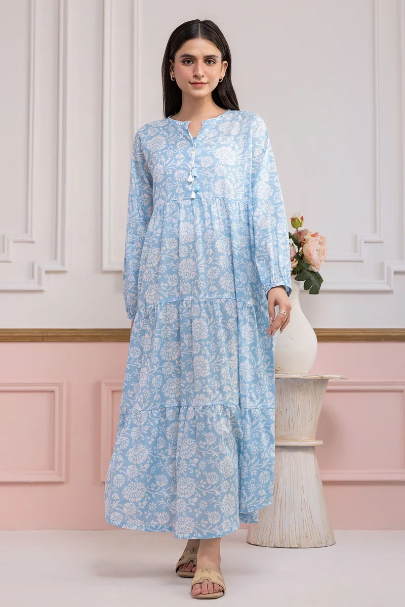 Women's Light Blue Floral Print Slub Lawn Maxi Tunic | Round Collar | Tiered Hem