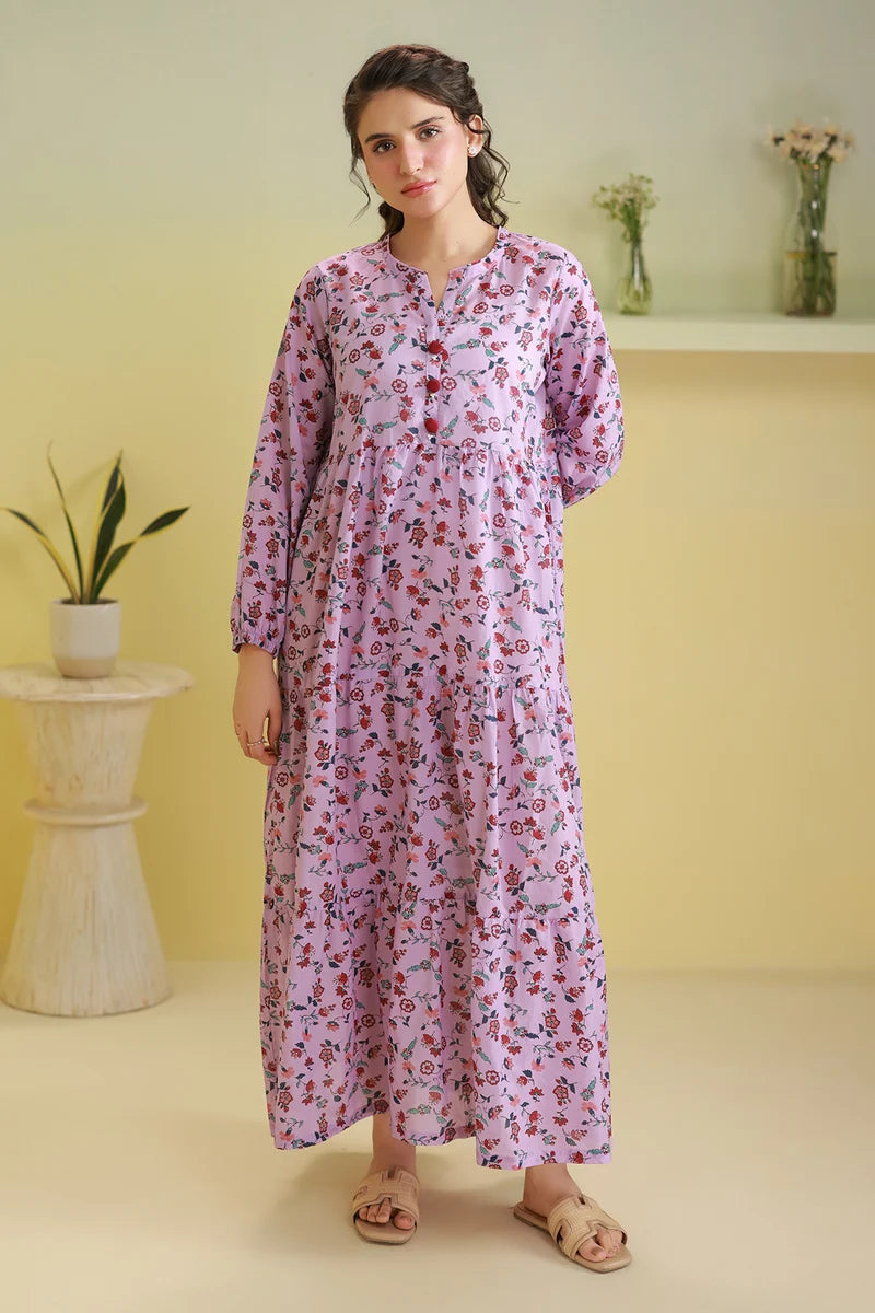 Women's Lilac Pink Floral Print Slub Lawn Maxi Tunic | Red Button Placket | Tiered Hem