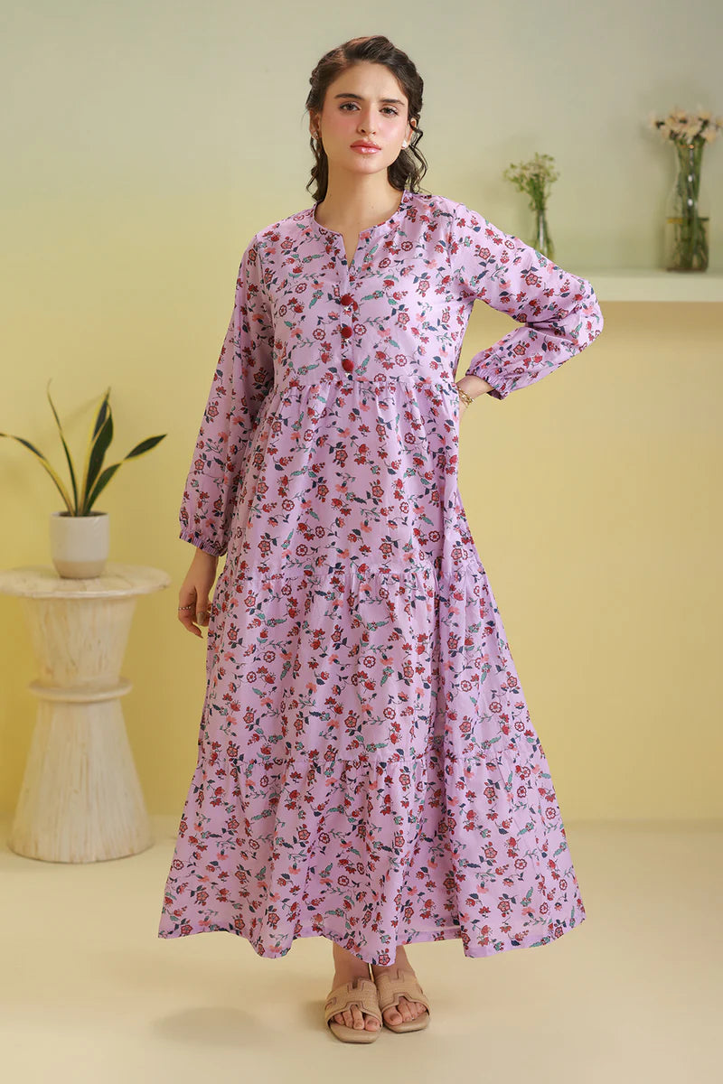 Women's Lilac Pink Floral Print Slub Lawn Maxi Tunic | Red Button Placket | Tiered Hem