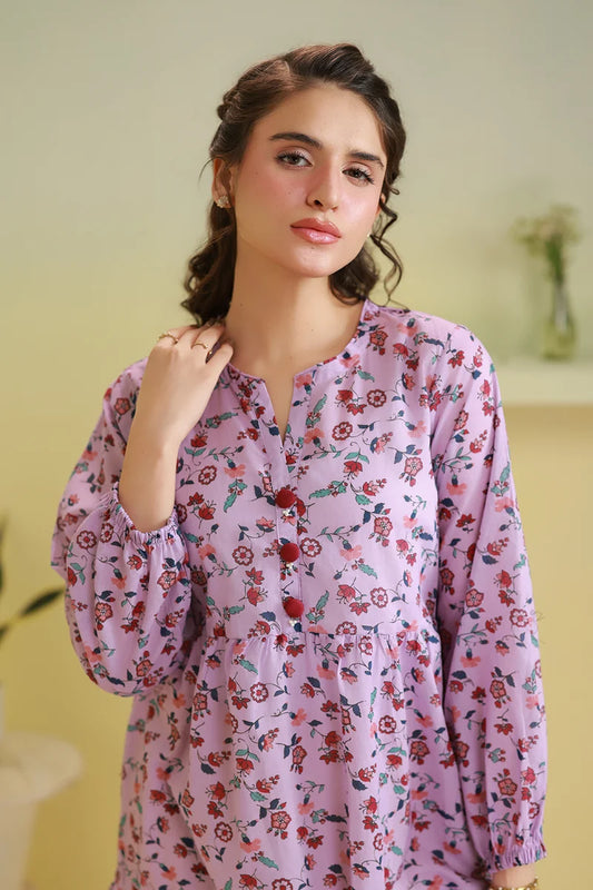 Women's Lilac Pink Floral Print Slub Lawn Maxi Tunic | Red Button Placket | Tiered Hem