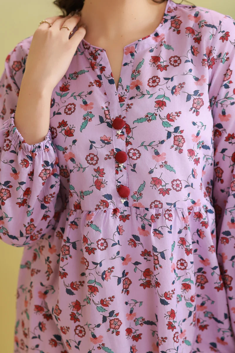 Women's Lilac Pink Floral Print Slub Lawn Maxi Tunic | Red Button Placket | Tiered Hem