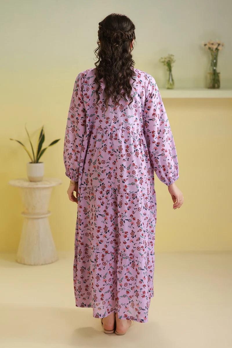 Women's Lilac Pink Floral Print Slub Lawn Maxi Tunic | Red Button Placket | Tiered Hem
