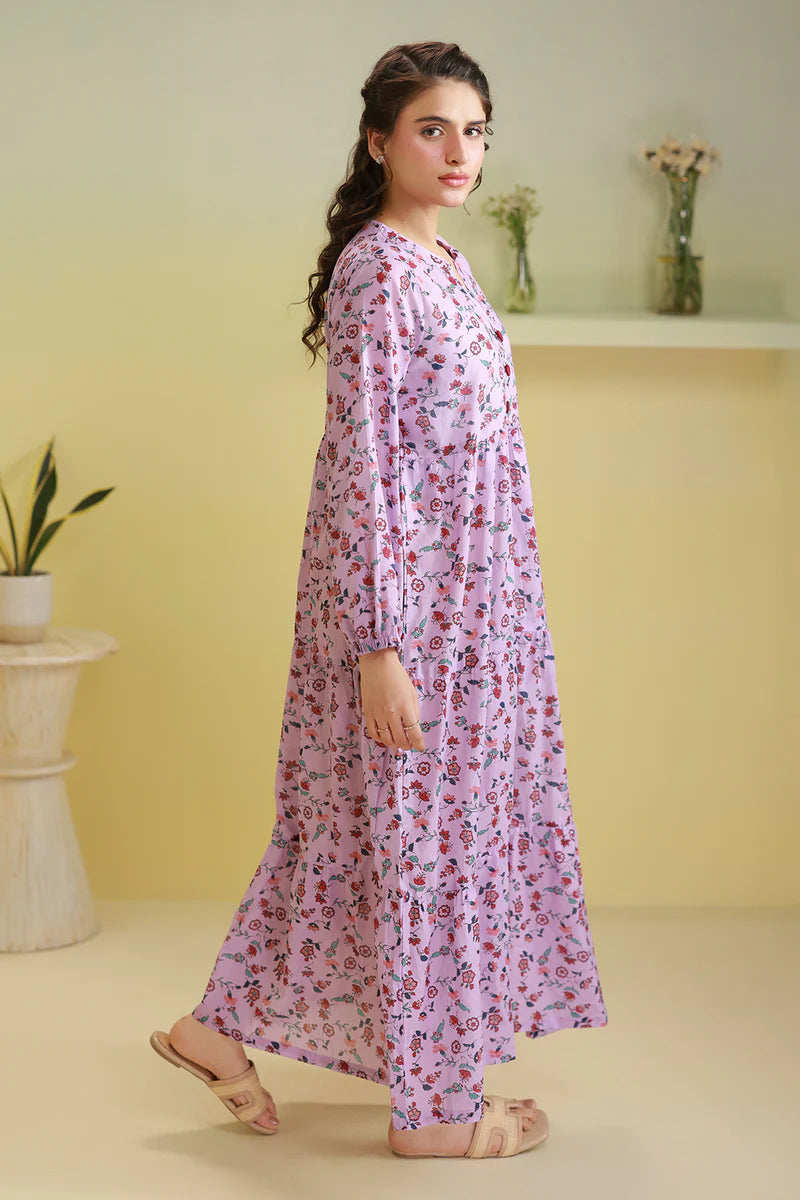 Women's Lilac Pink Floral Print Slub Lawn Maxi Tunic | Red Button Placket | Tiered Hem
