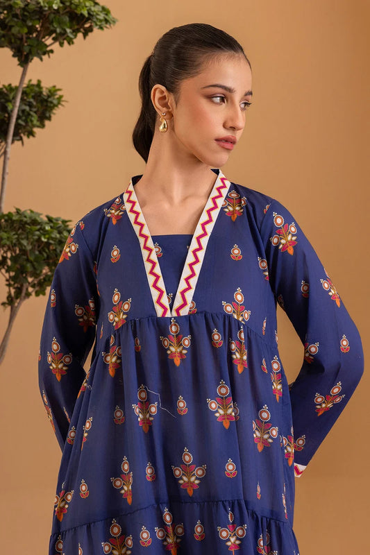 Women's Navy Blue Block Print Cotton Maxi Tunic | Zigzag V-Neck Trim | Tiered Hem