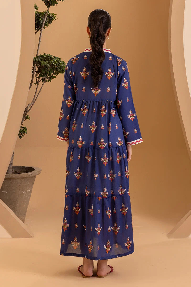 Women's Navy Blue Block Print Cotton Maxi Tunic | Zigzag V-Neck Trim | Tiered Hem