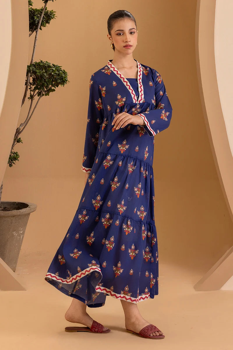 Women's Navy Blue Block Print Cotton Maxi Tunic | Zigzag V-Neck Trim | Tiered Hem