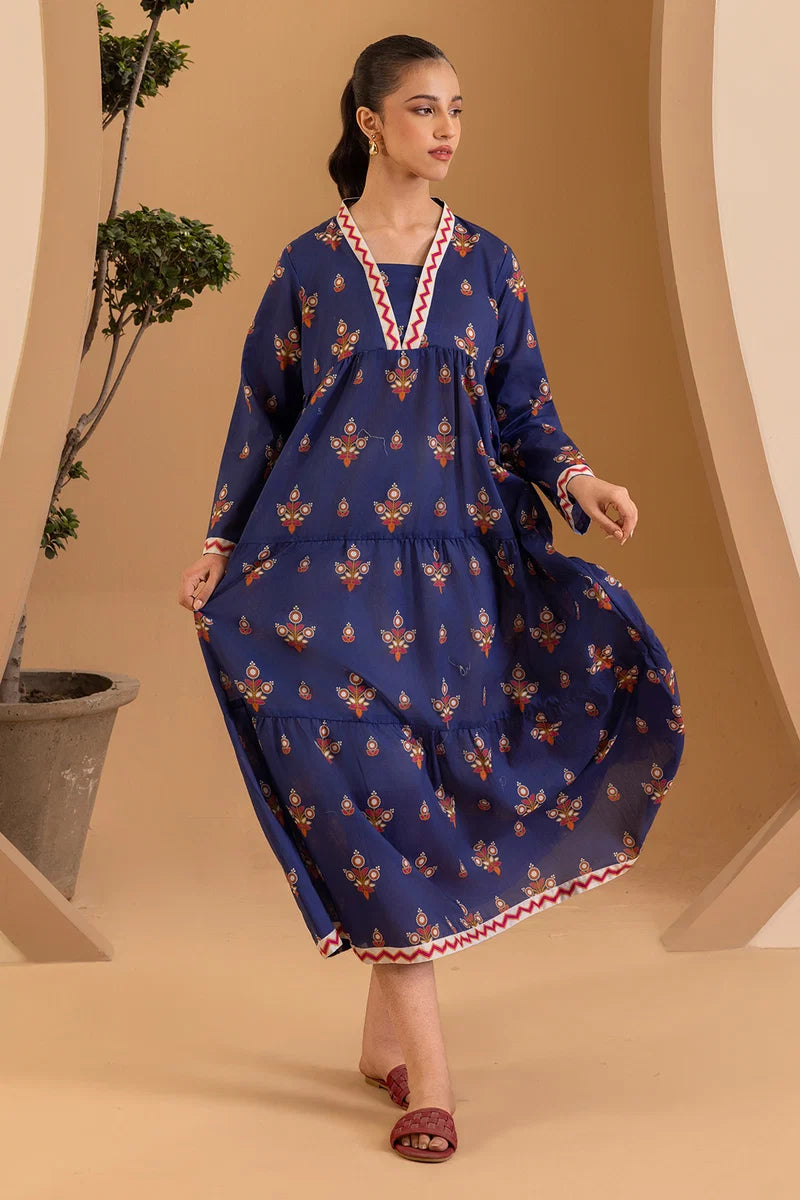 Women's Navy Blue Block Print Cotton Maxi Tunic | Zigzag V-Neck Trim | Tiered Hem