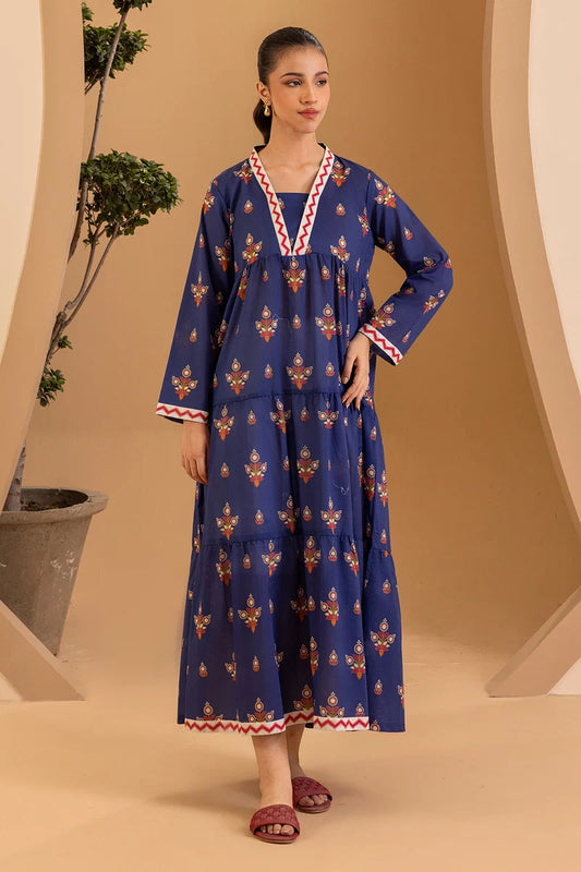 Women's Navy Blue Block Print Cotton Maxi Tunic | Zigzag V-Neck Trim | Tiered Hem