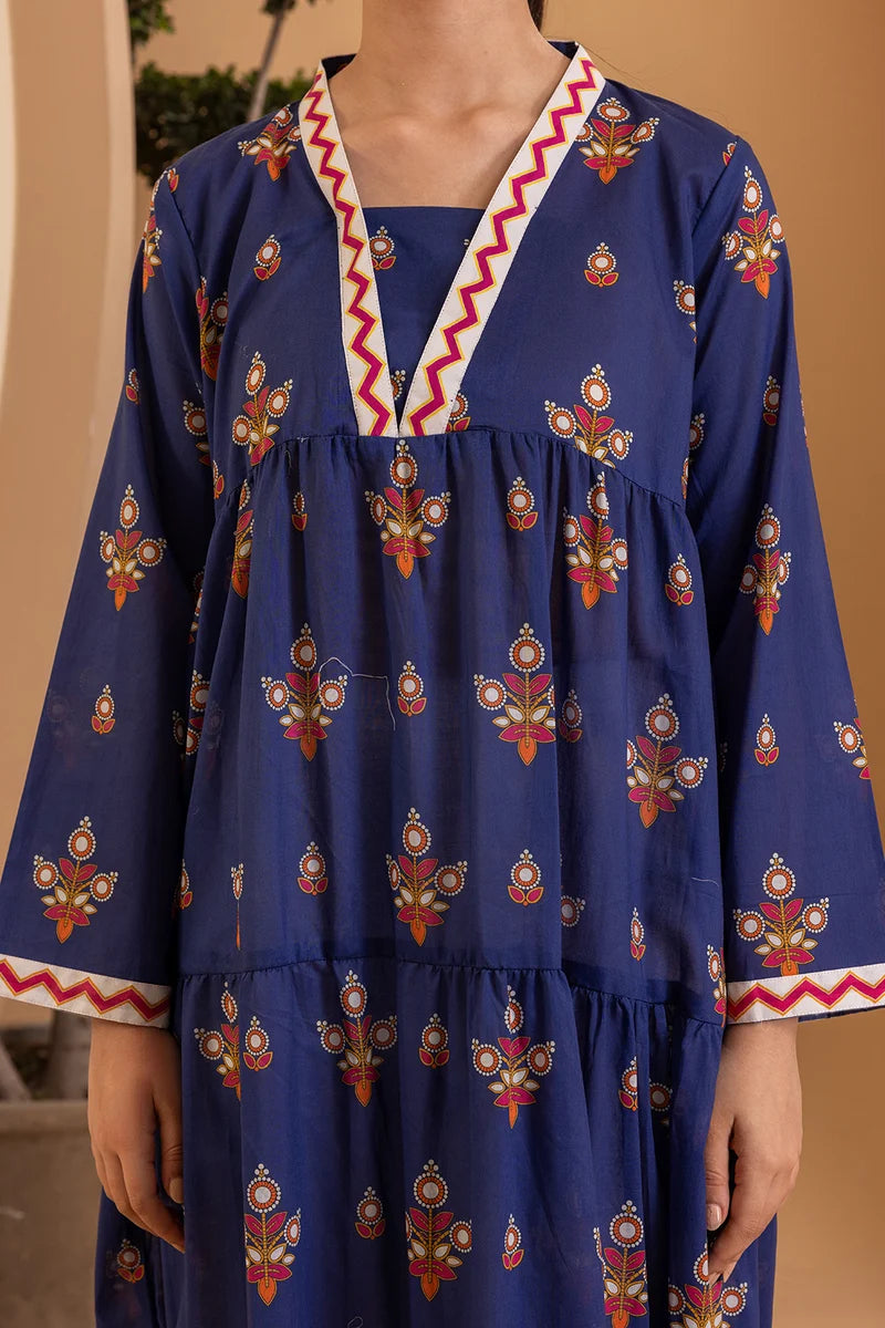Women's Navy Blue Block Print Cotton Maxi Tunic | Zigzag V-Neck Trim | Tiered Hem