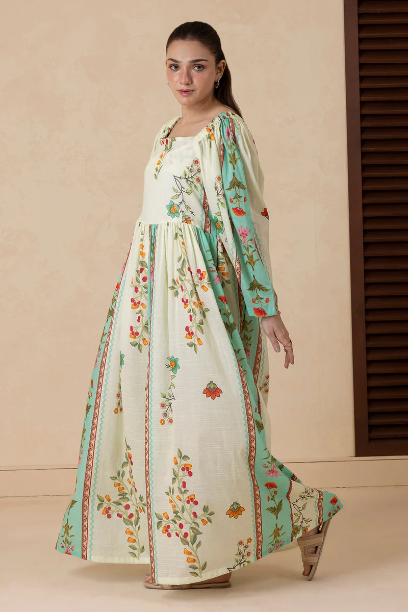 Women's Ivory Teal Striped Floral Border Print Cambric Maxi Tunic | Square Neck | Gathered Yoke