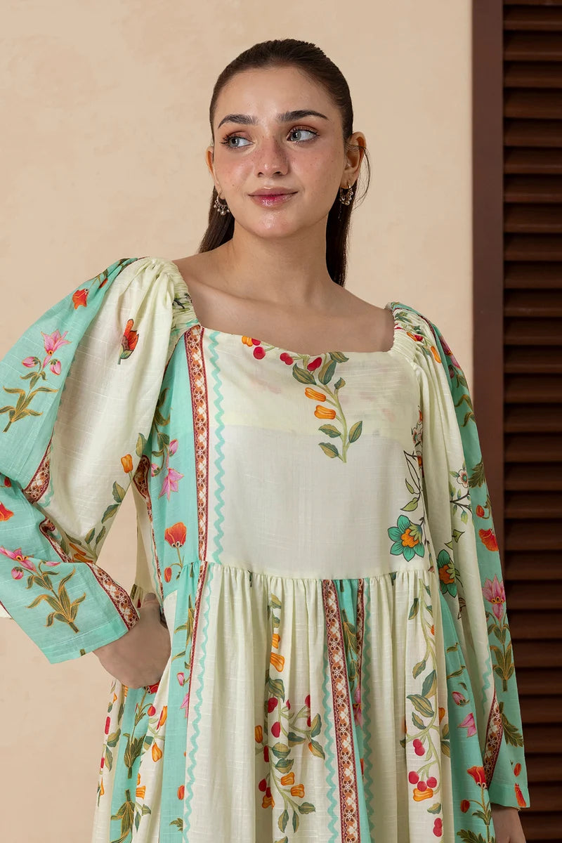 Women's Ivory Teal Striped Floral Border Print Cambric Maxi Tunic | Square Neck | Gathered Yoke