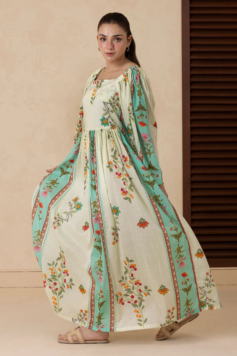 Women's Ivory Teal Striped Floral Border Print Cambric Maxi Tunic | Square Neck | Gathered Yoke