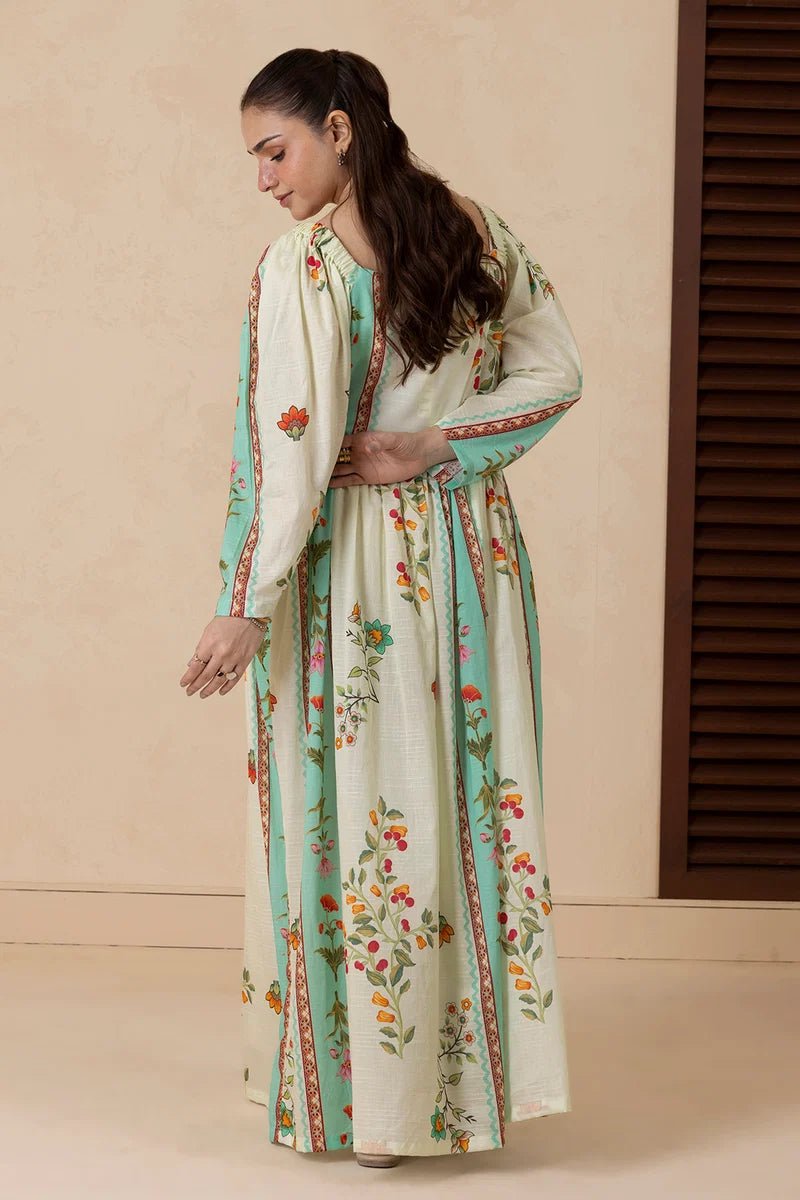 Women's Ivory Teal Striped Floral Border Print Cambric Maxi Tunic | Square Neck | Gathered Yoke