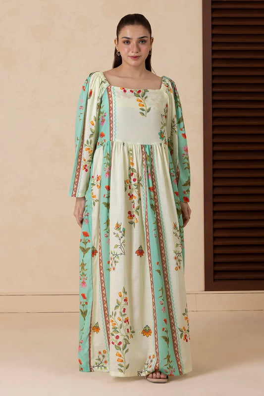 Women's Ivory Teal Striped Floral Border Print Cambric Maxi Tunic | Square Neck | Gathered Yoke