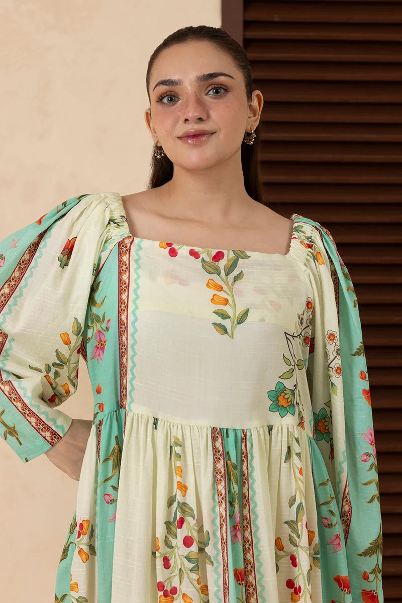 Women's Ivory Teal Striped Floral Border Print Cambric Maxi Tunic | Square Neck | Gathered Yoke