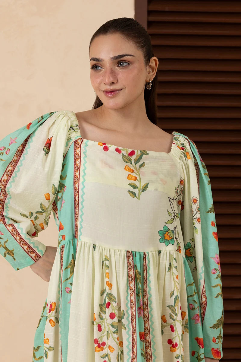 Women's Ivory Teal Striped Floral Border Print Cambric Maxi Tunic | Square Neck | Gathered Yoke