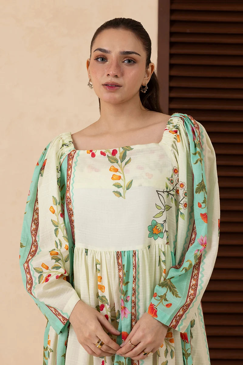 Women's Ivory Teal Striped Floral Border Print Cambric Maxi Tunic | Square Neck | Gathered Yoke