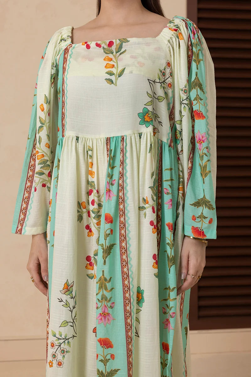 Women's Ivory Teal Striped Floral Border Print Cambric Maxi Tunic | Square Neck | Gathered Yoke