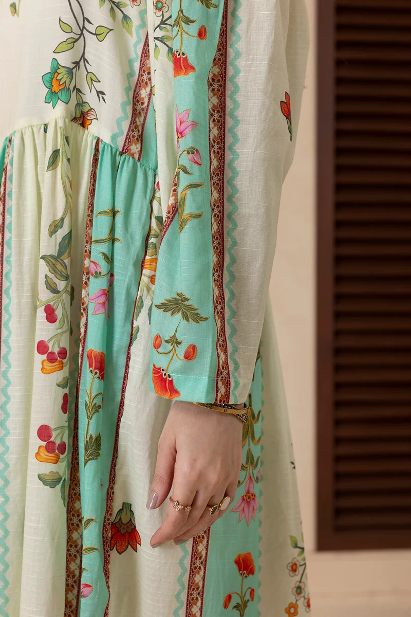 Women's Ivory Teal Striped Floral Border Print Cambric Maxi Tunic | Square Neck | Gathered Yoke