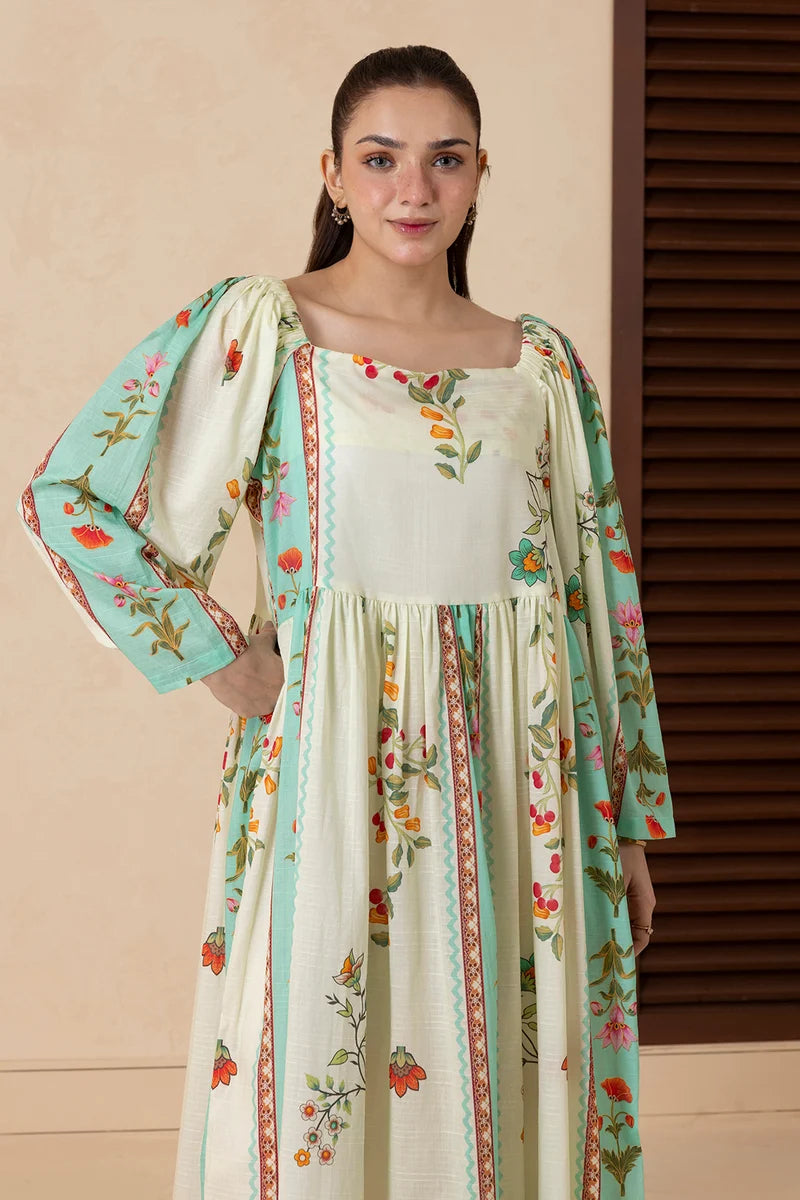 Women's Ivory Teal Striped Floral Border Print Cambric Maxi Tunic | Square Neck | Gathered Yoke