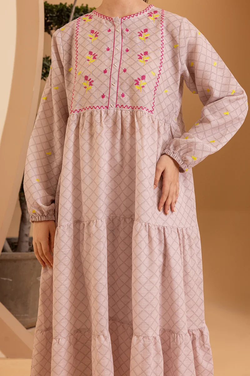 Women's Blush Check Hand-Embroidered Cotton Maxi Tunic | Floral Yoke | Tiered Hem