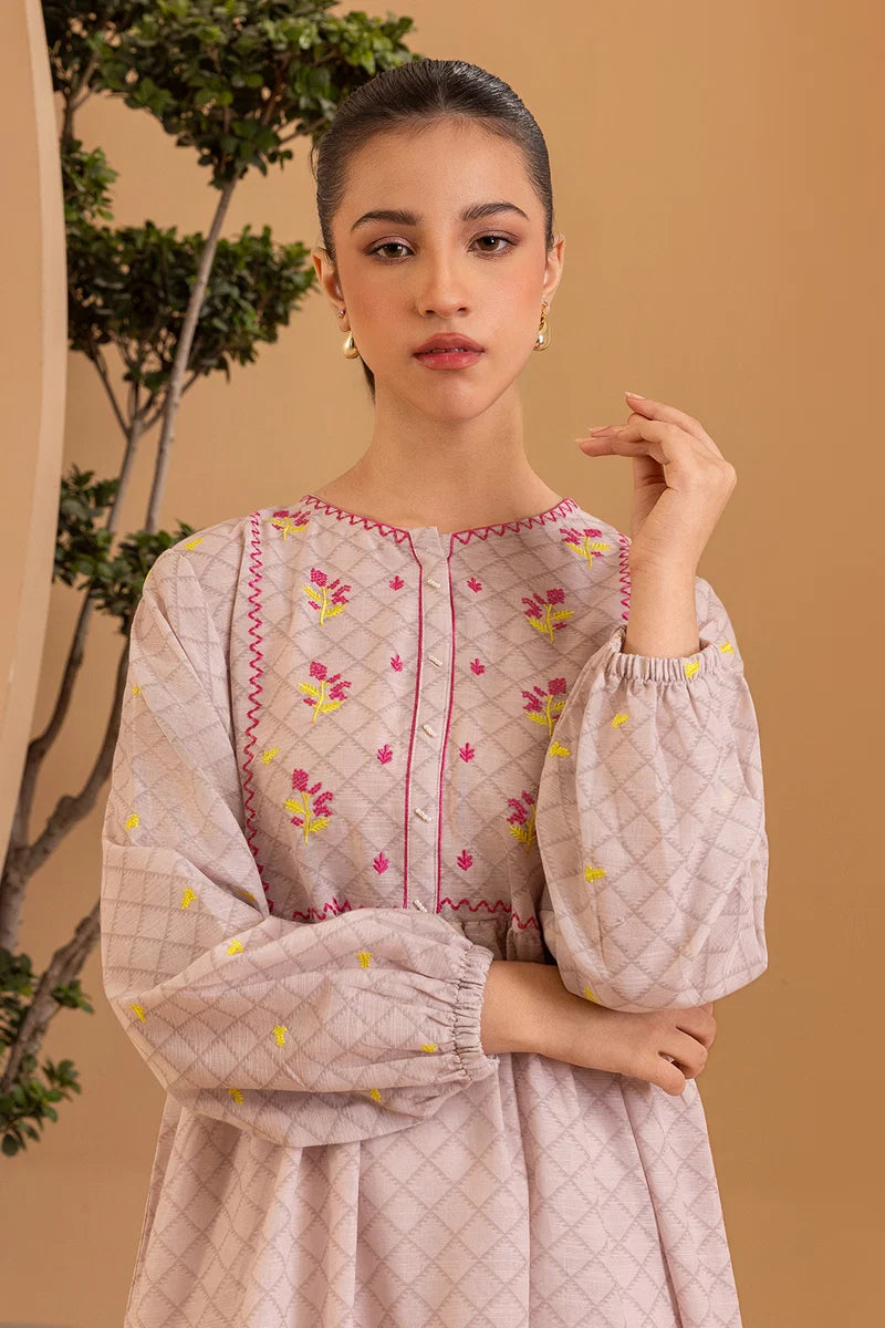Women's Blush Check Hand-Embroidered Cotton Maxi Tunic | Floral Yoke | Tiered Hem
