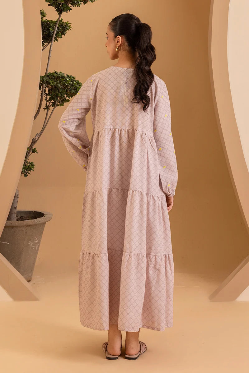 Women's Blush Check Hand-Embroidered Cotton Maxi Tunic | Floral Yoke | Tiered Hem