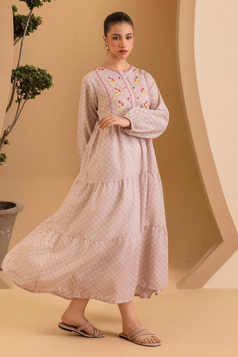 Women's Blush Check Hand-Embroidered Cotton Maxi Tunic | Floral Yoke | Tiered Hem