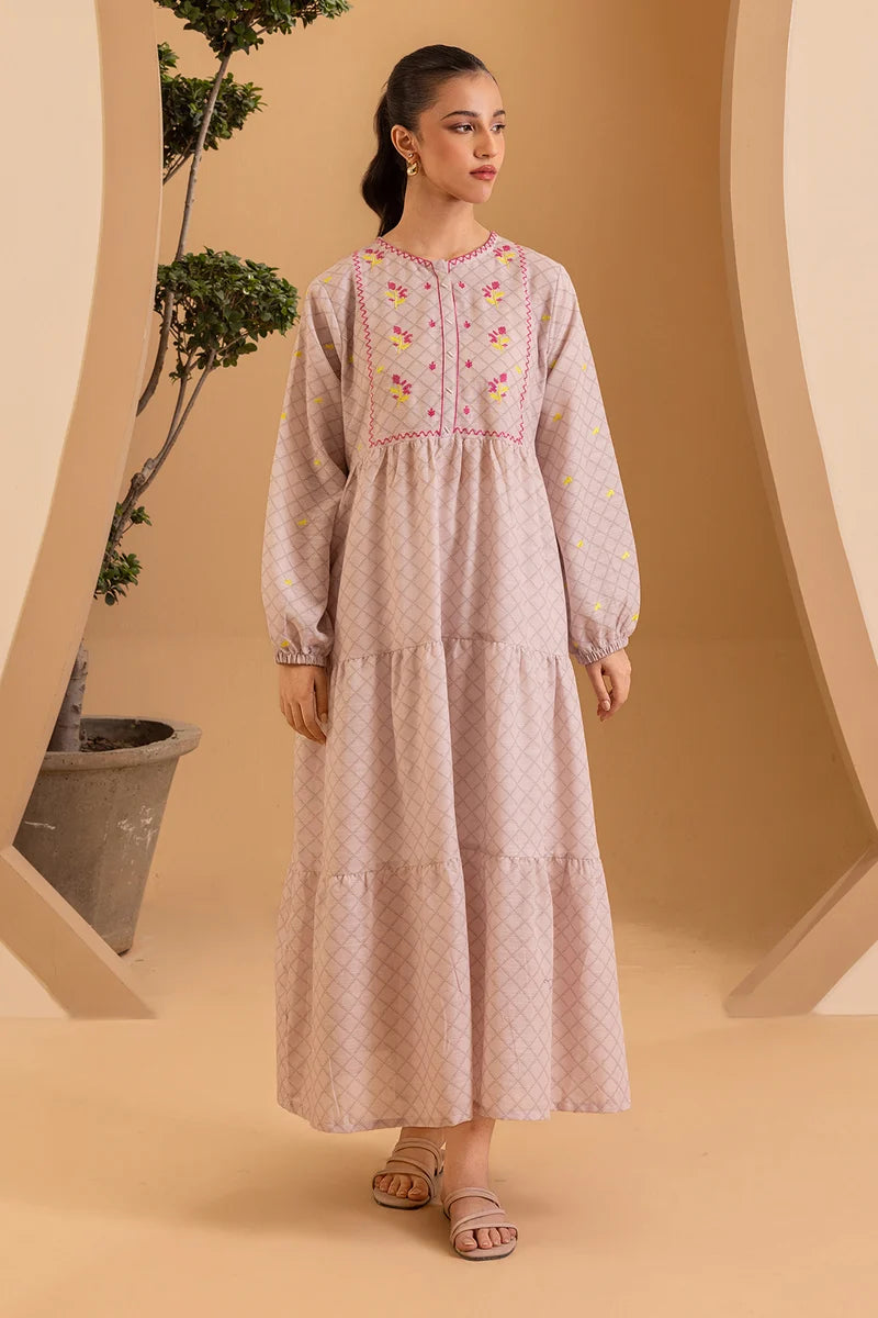 Women's Blush Check Hand-Embroidered Cotton Maxi Tunic | Floral Yoke | Tiered Hem